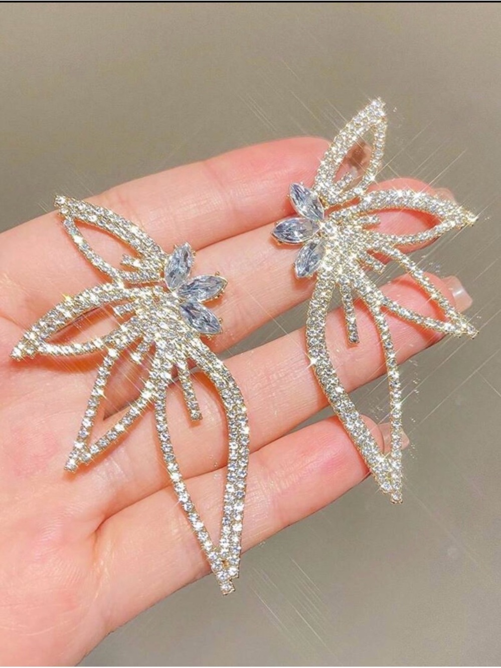 Sparkling Leaf Floral Drop Earrings - Clear Crystal Gold tone.